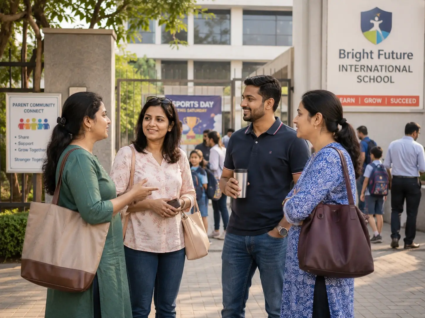 Parents discussing outside a school