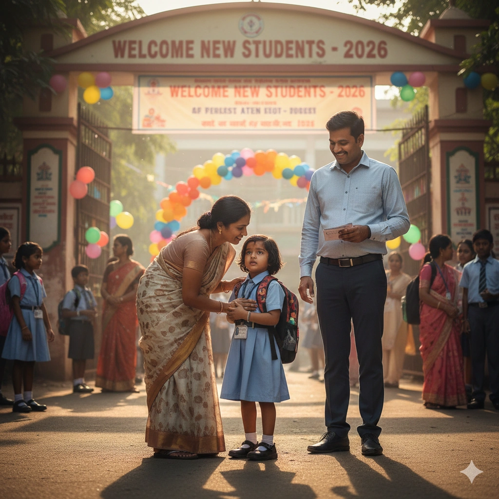 Young child looking nervous at school entrance with parent