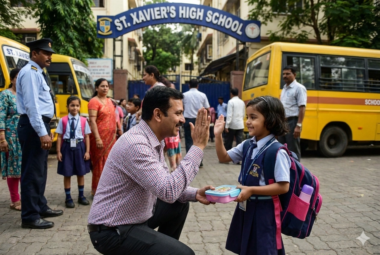 Parent and child having a goodbye ritual at school entrance