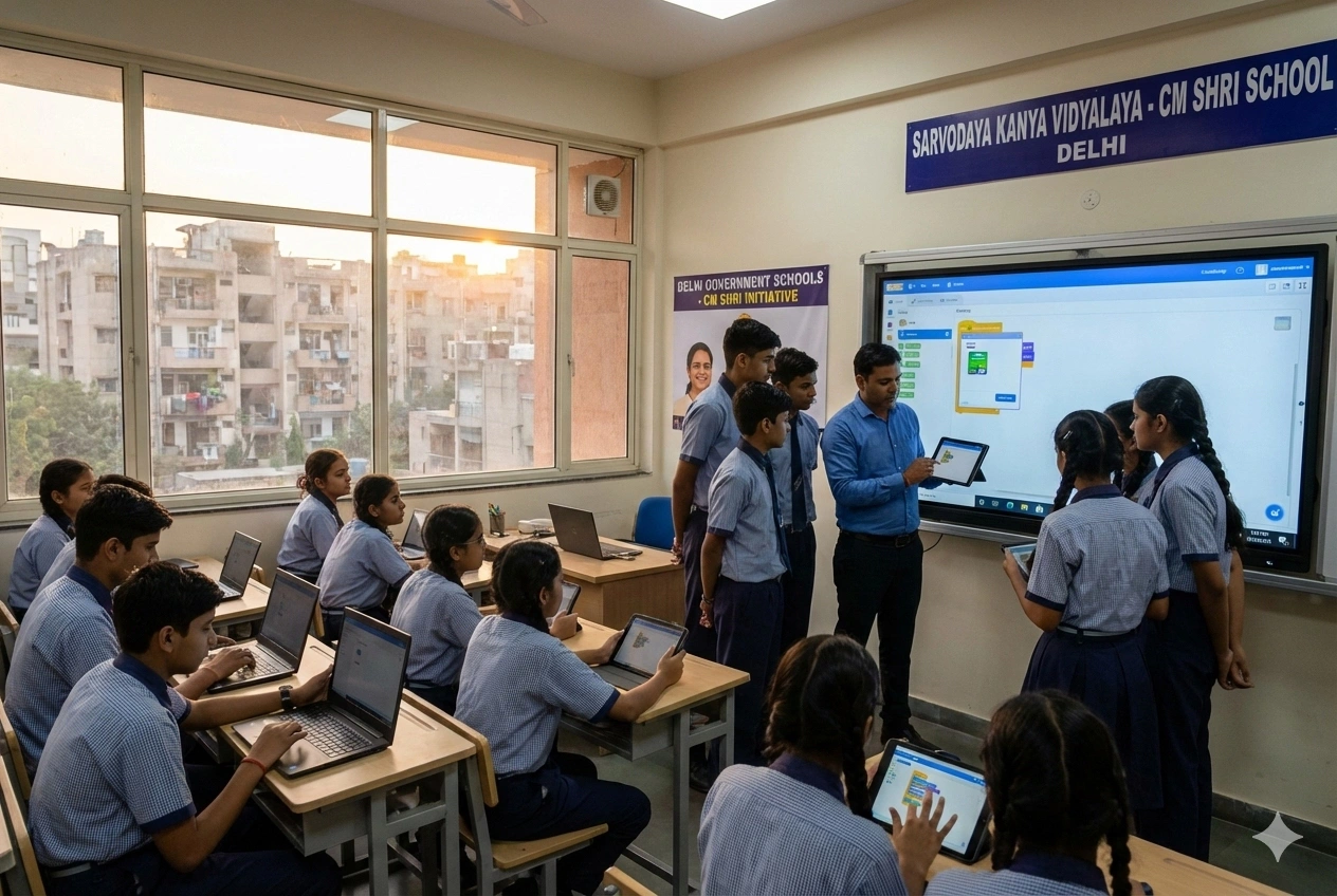 Students in modern government school with technology