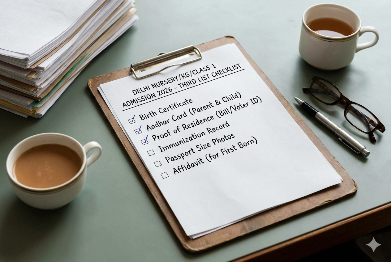 Documents checklist for Delhi nursery KG class 1 admission 2026 third list