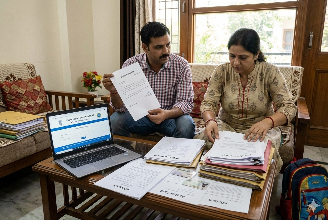 Parents organizing documents for Delhi EWS school admission 2026-27