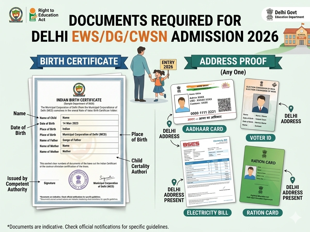 Documents required for Delhi EWS DG CWSN admission 2026 — birth certificate address proof