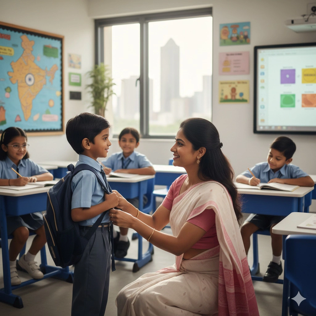 Caring teacher helping young student