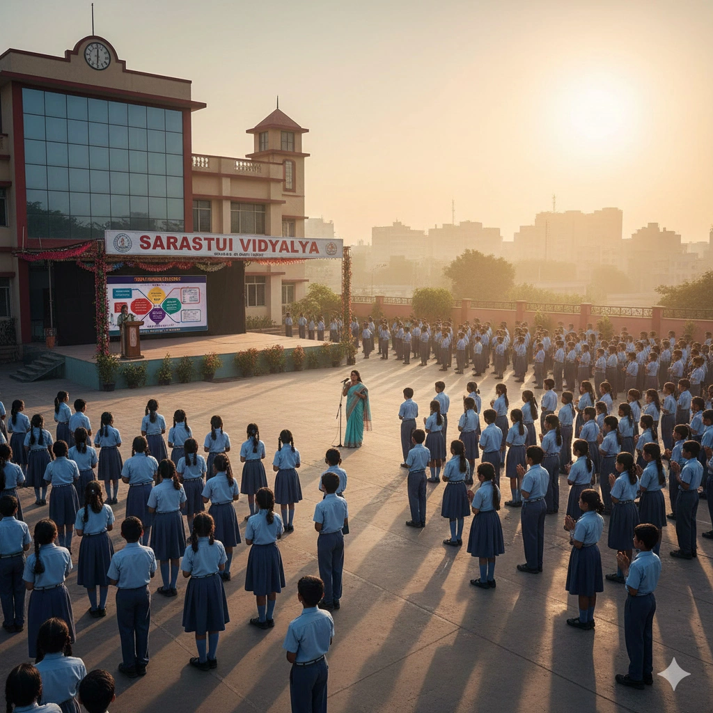 Students in morning assembly learning values