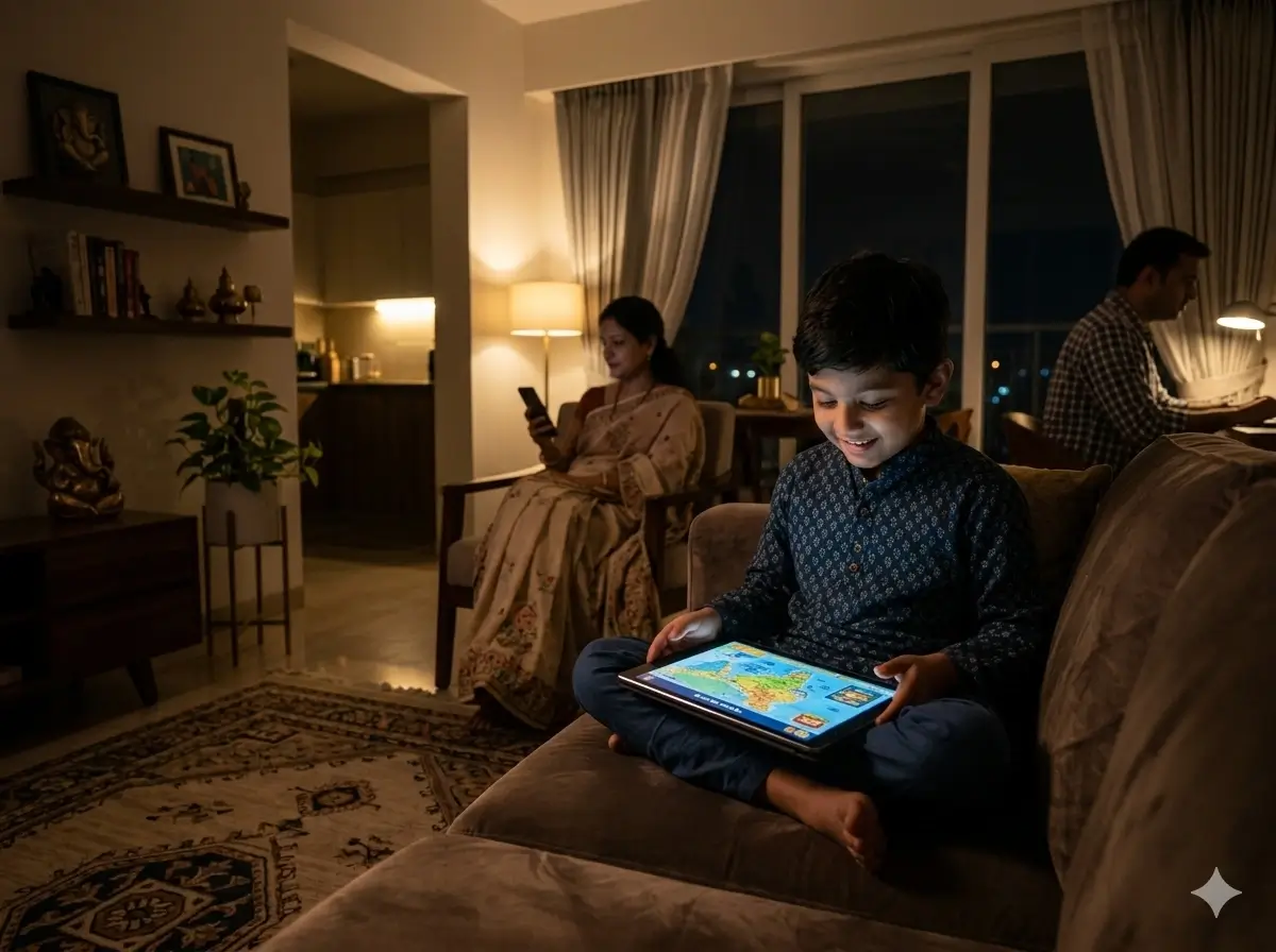 Child looking at a glowing tablet in a dark room