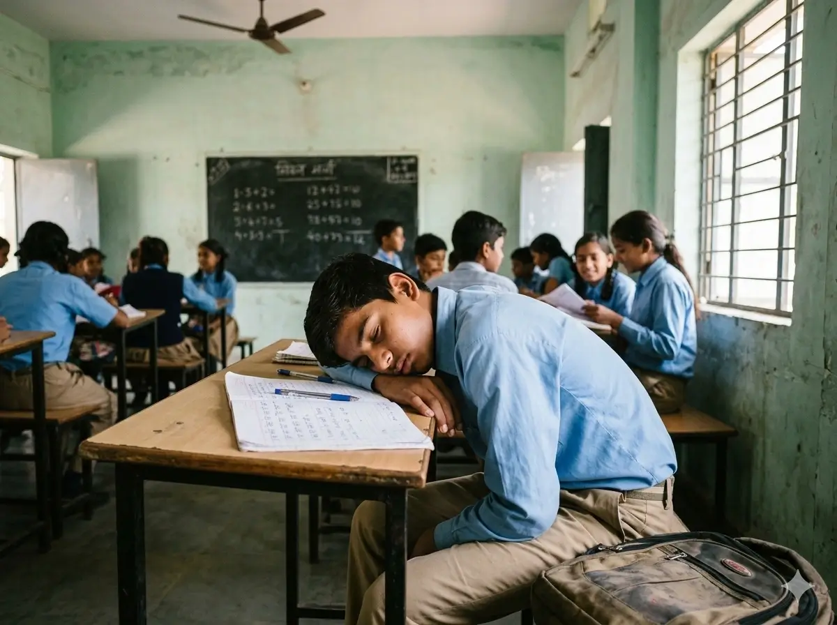 Tired student resting head on desk at school