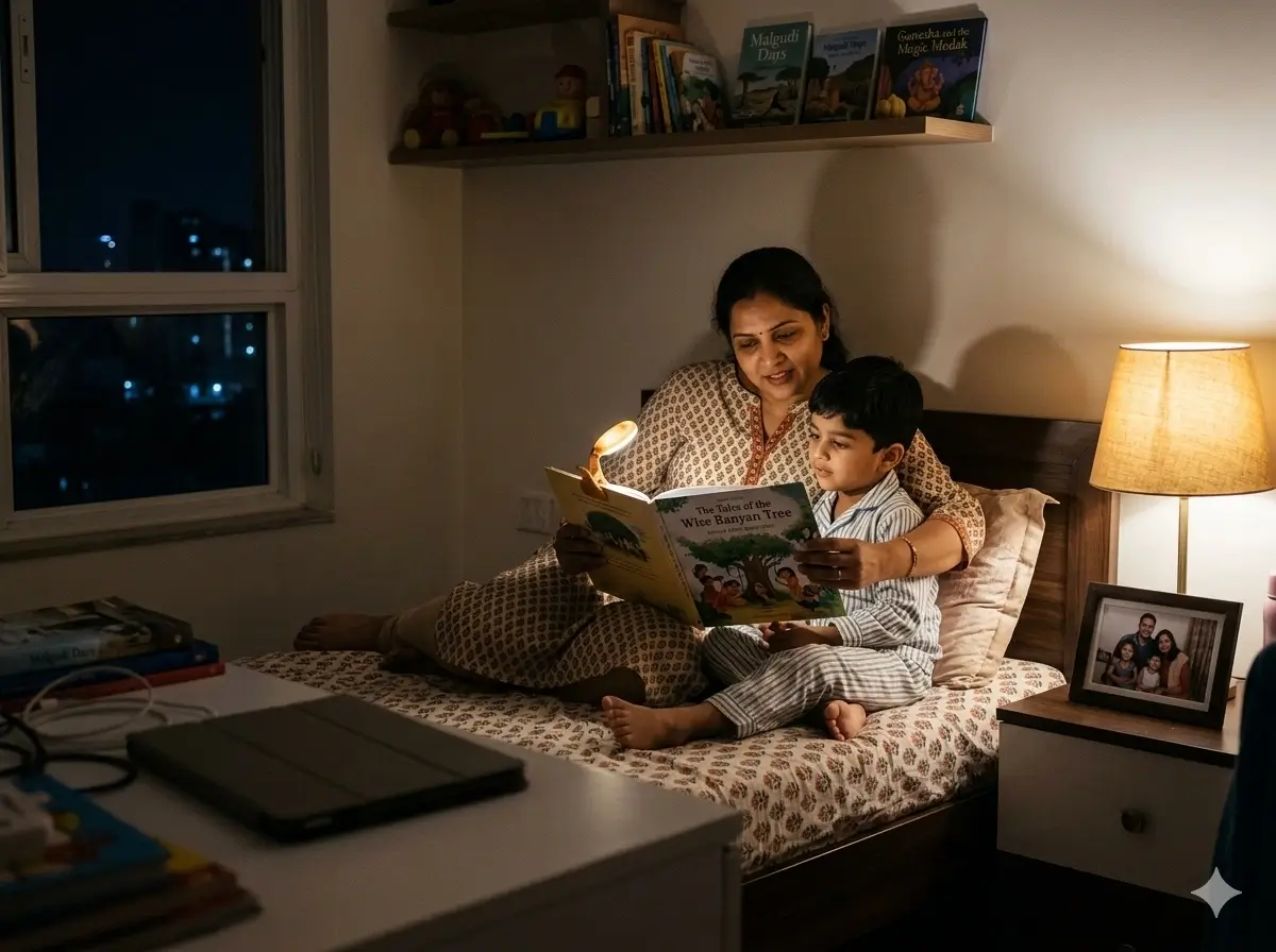 Parent reading a physical book to a child at bedtime instead of using a tablet