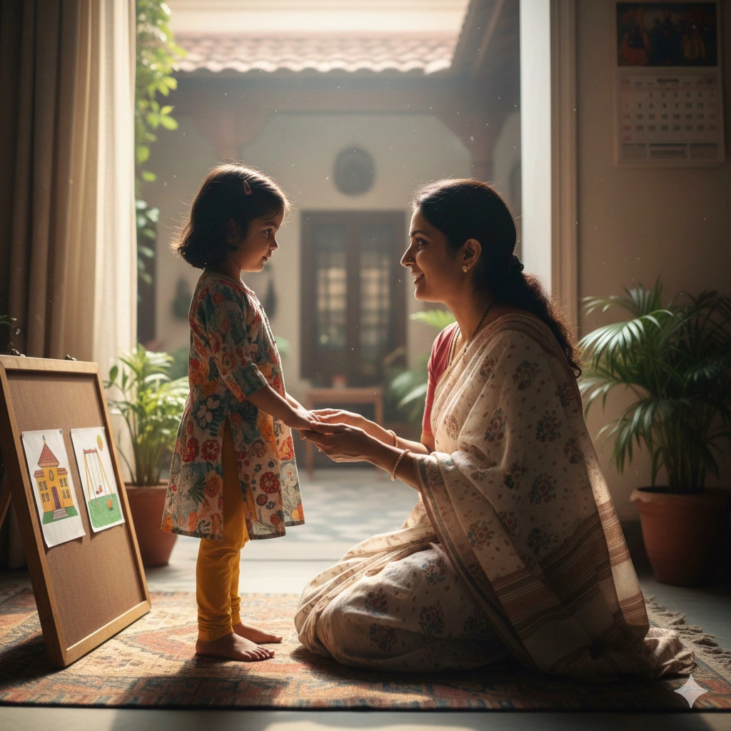 Parent guiding child through decision-making with supportive hands