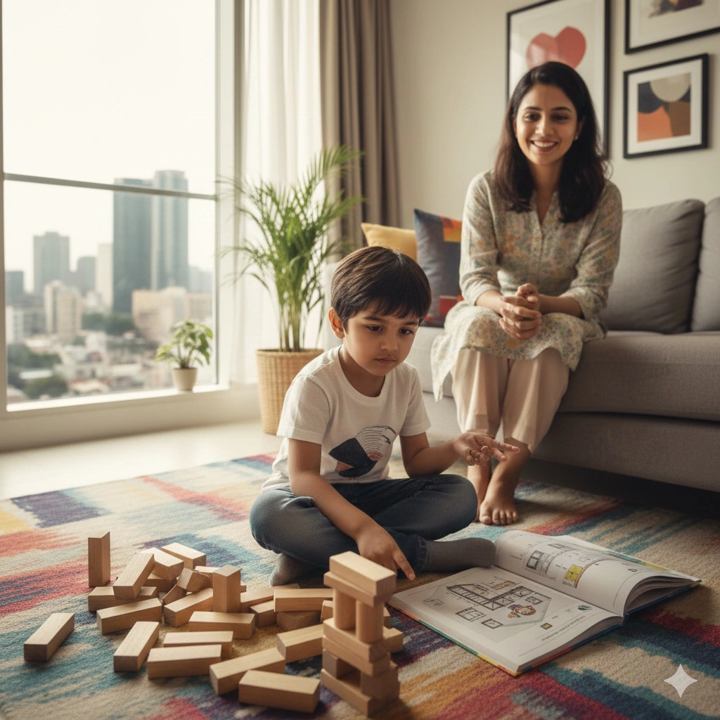 Child learning from building blocks that fell down, showing resilience