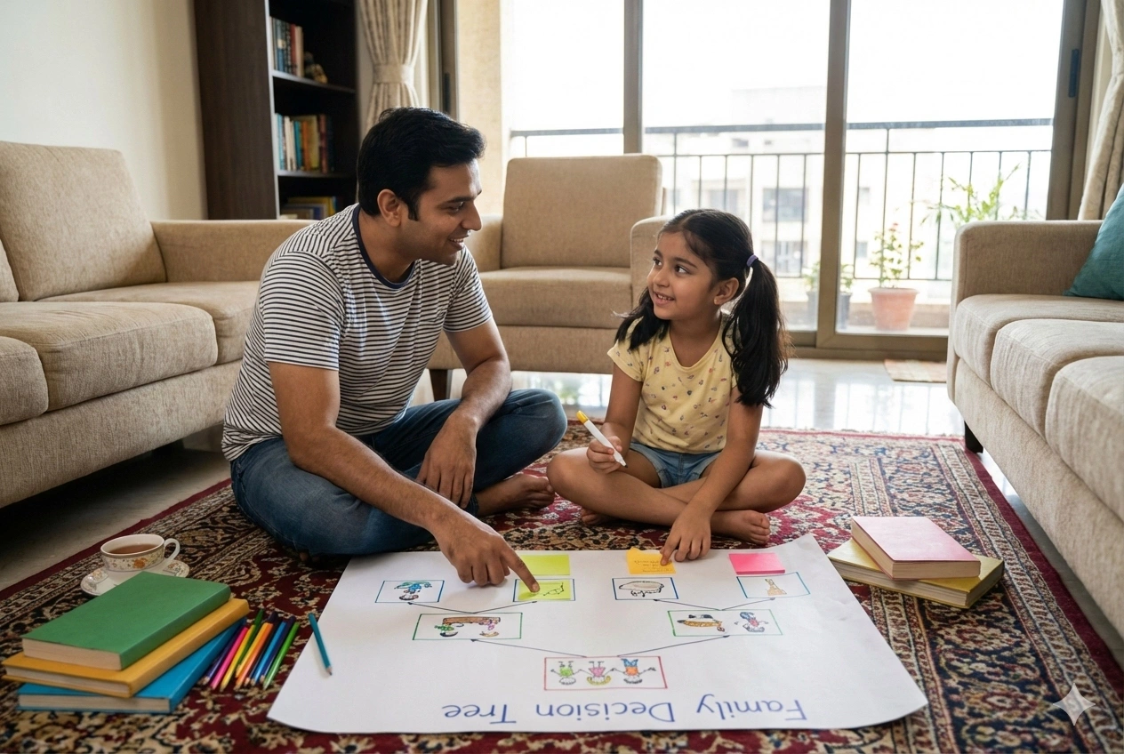 Parent and child working together on decision-making activity