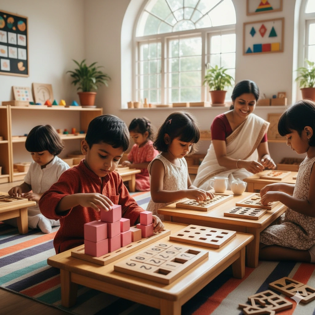 Children engaged in hands-on Montessori learning activities with educational materials