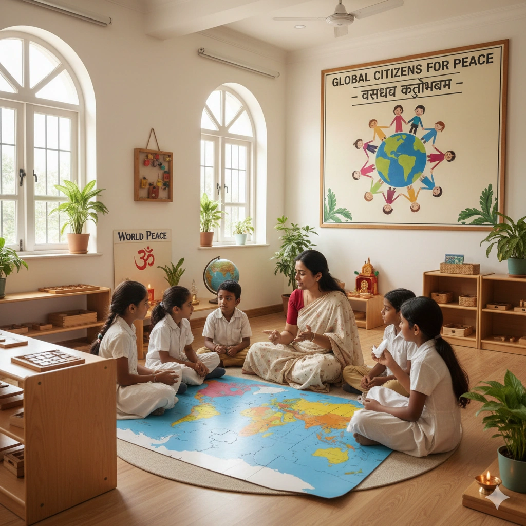 Children learning peace education and global citizenship through Montessori method
