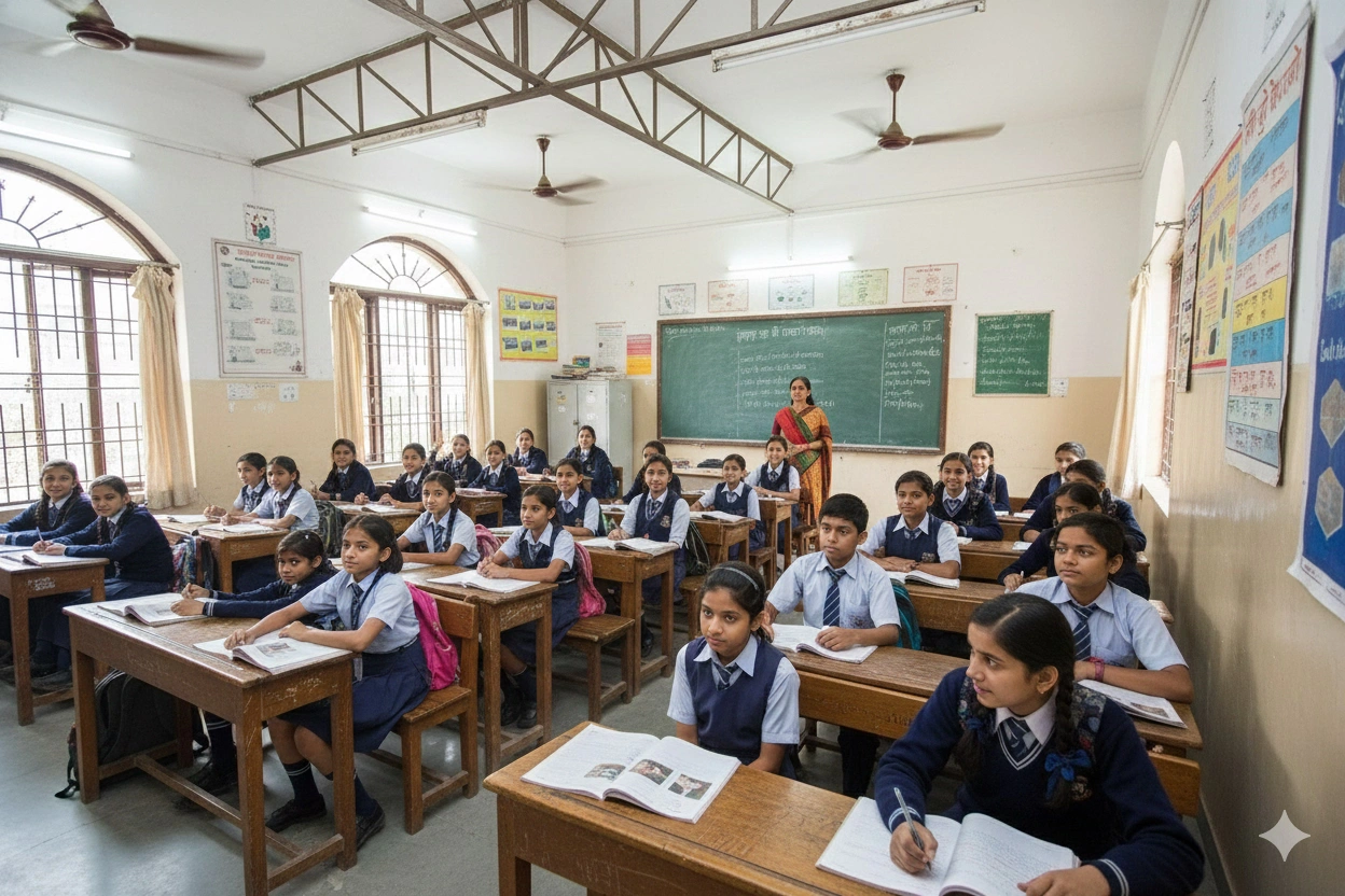 Students taking entrance test for Navyug School admission