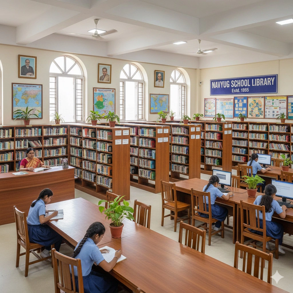 Well-stocked library at Navyug School Delhi