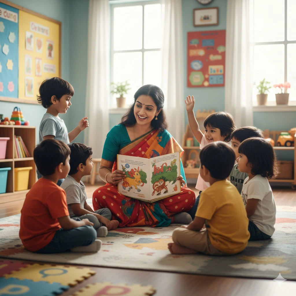 Indian nursery teacher teaching children through interactive storytelling