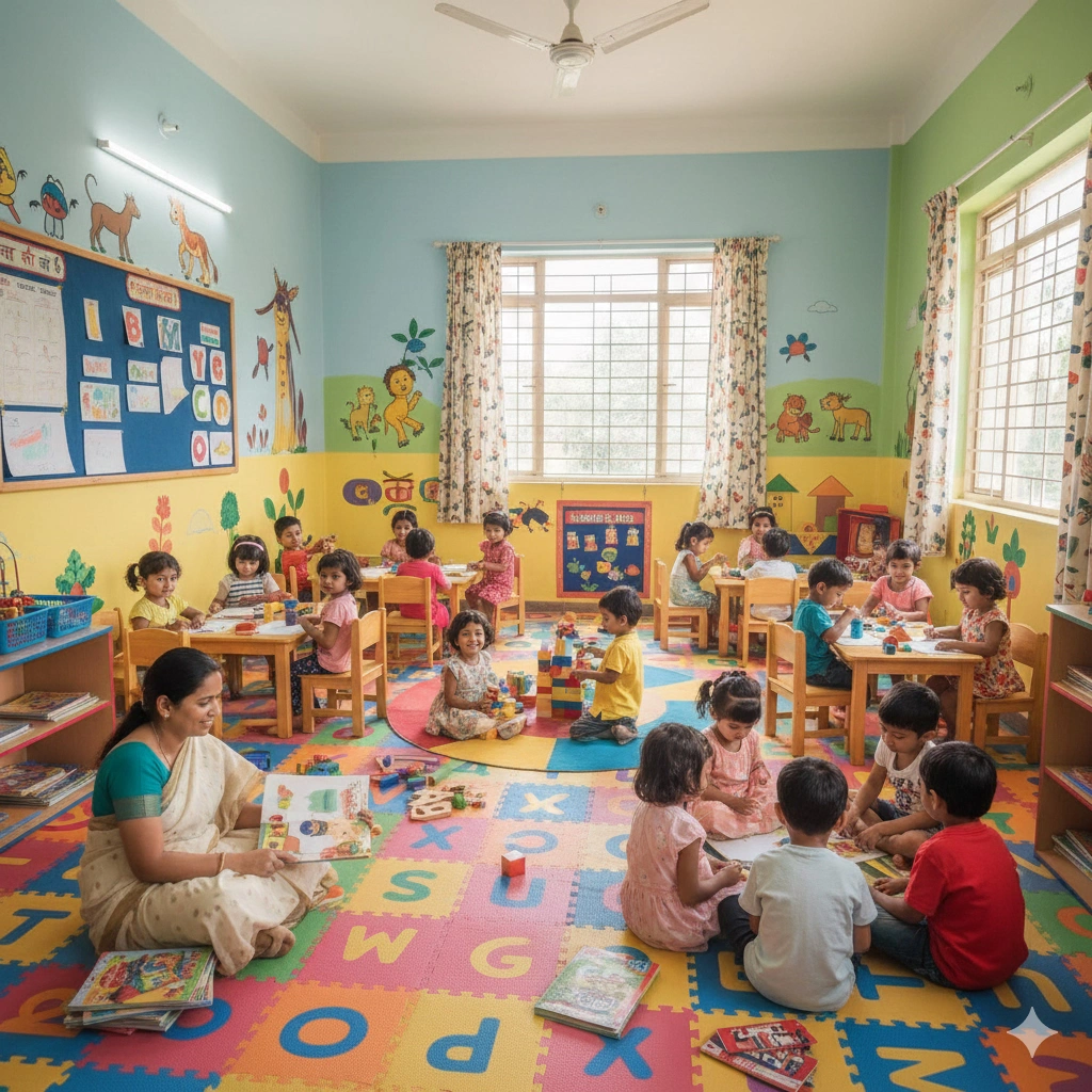 Colorful Indian nursery school classroom environment