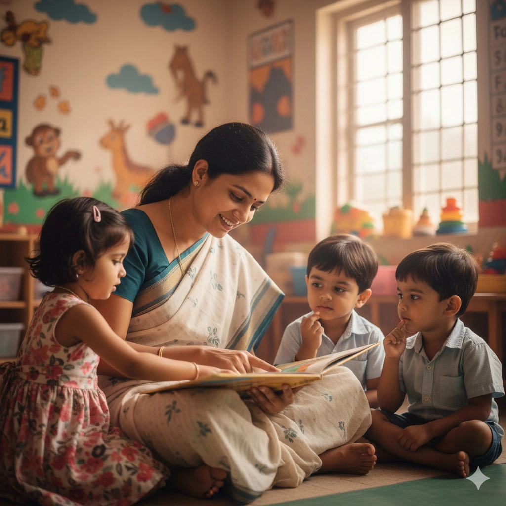Caring Indian nursery teacher interacting with young students