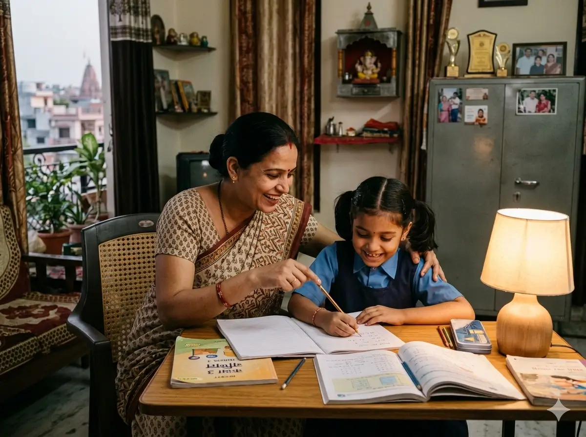 A parent actively and warmly helping a child with their homework