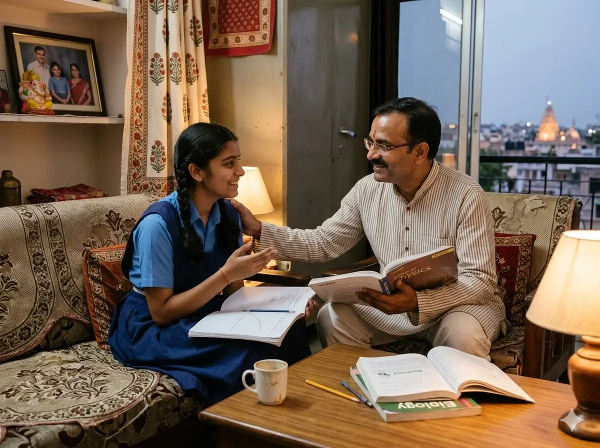 Parent and teenager having an open, supportive discussion about studies