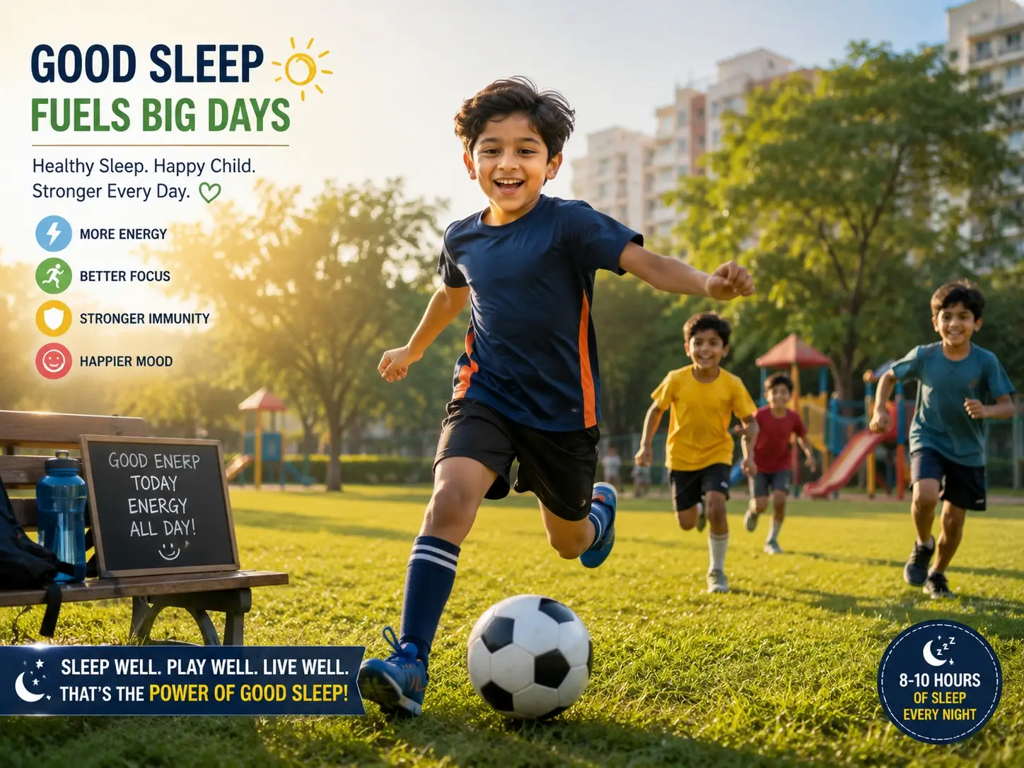 Healthy energetic child playing outdoors after good sleep