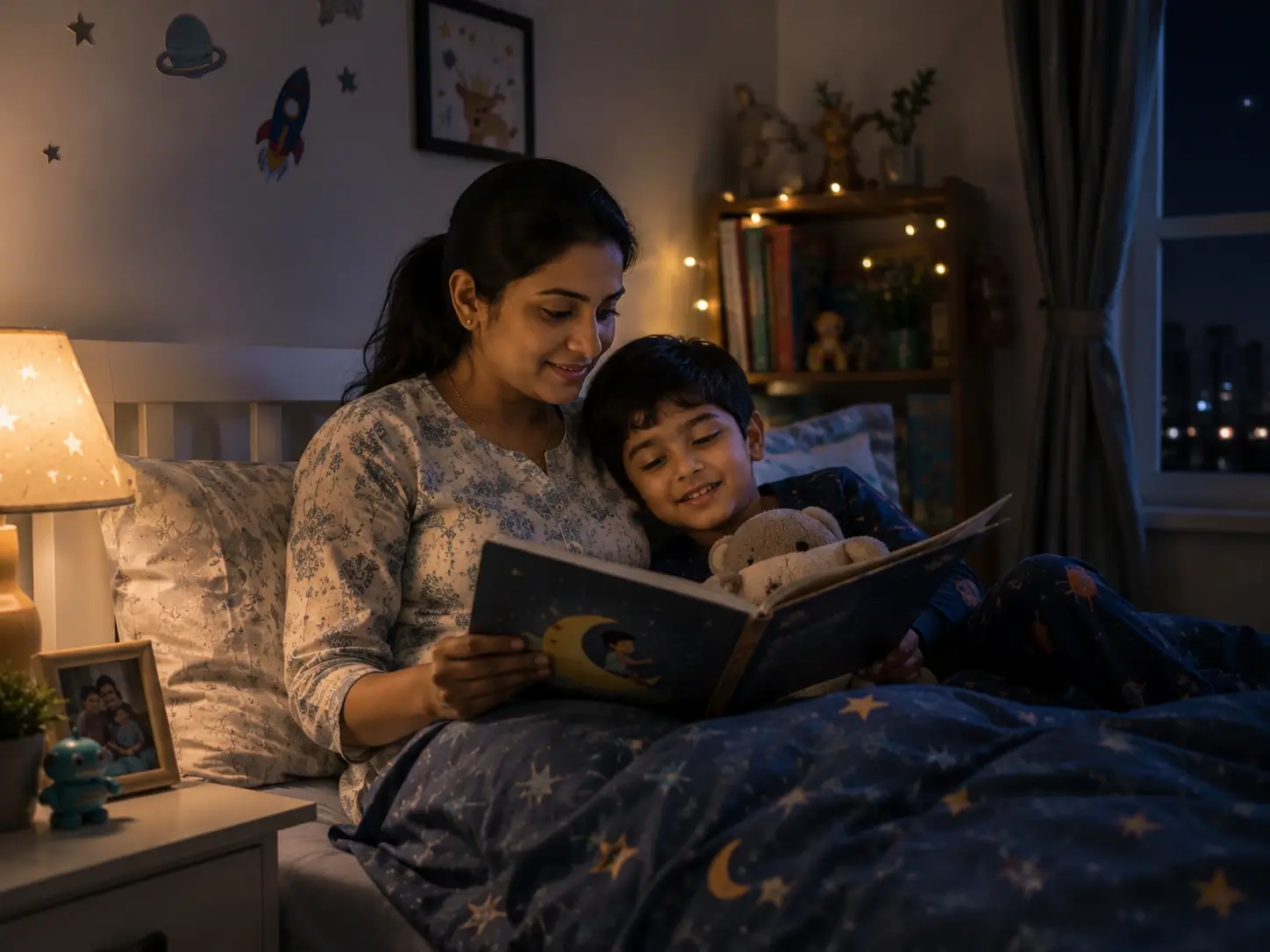 Parent reading a book to child before bedtime