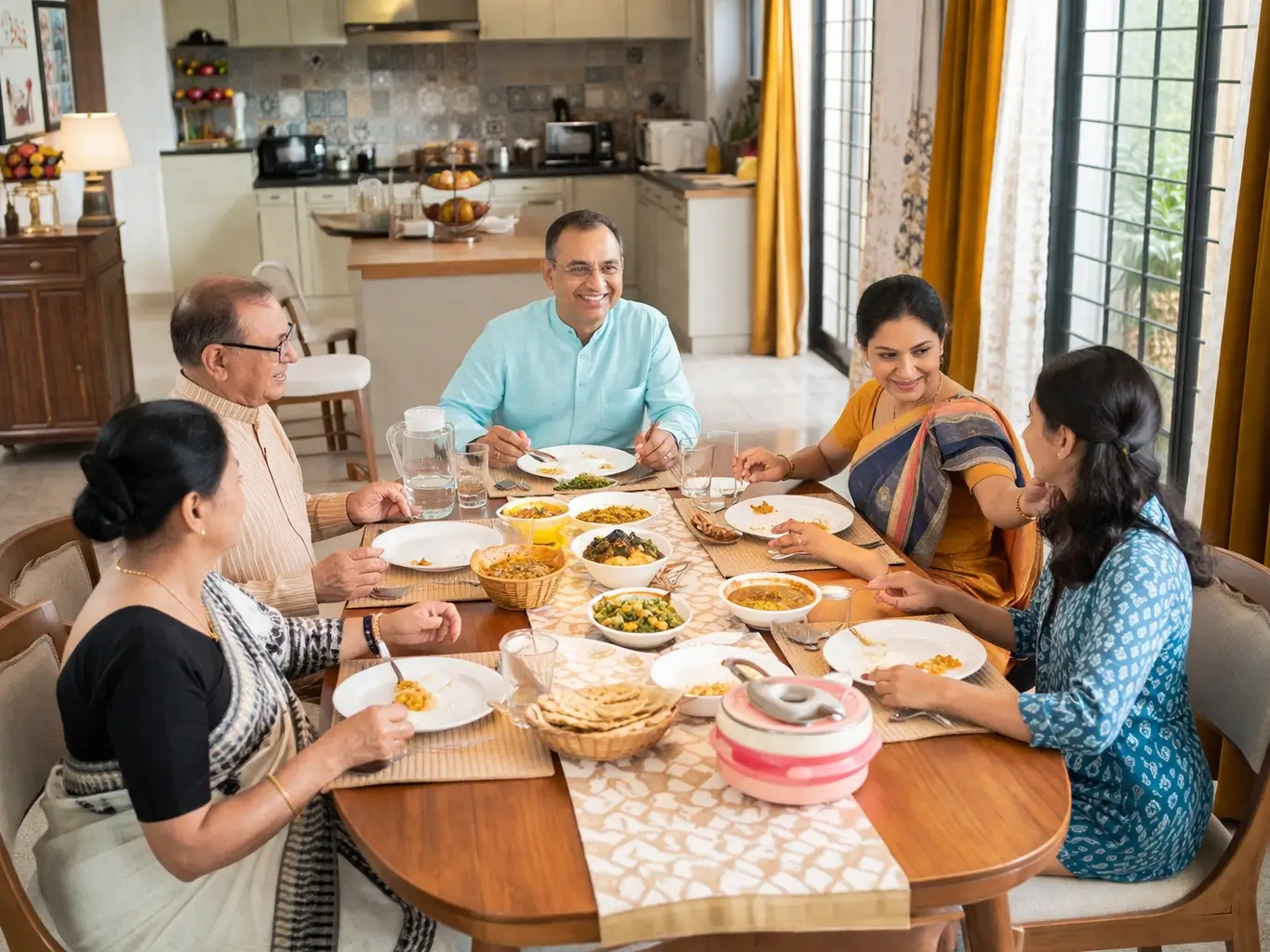Family having a happy conversation at the dinner table