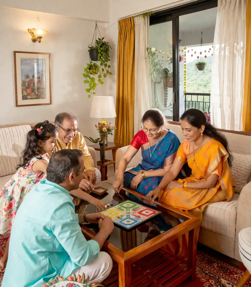 Family playing a board game together in the living room