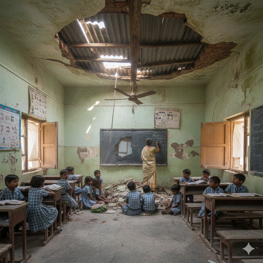Poor school infrastructure showing damaged classroom in India