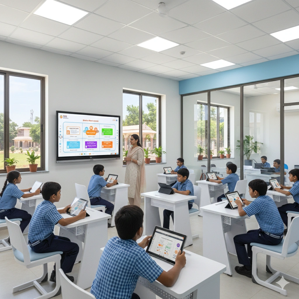 Modern PM SHRI school infrastructure with digital classrooms
