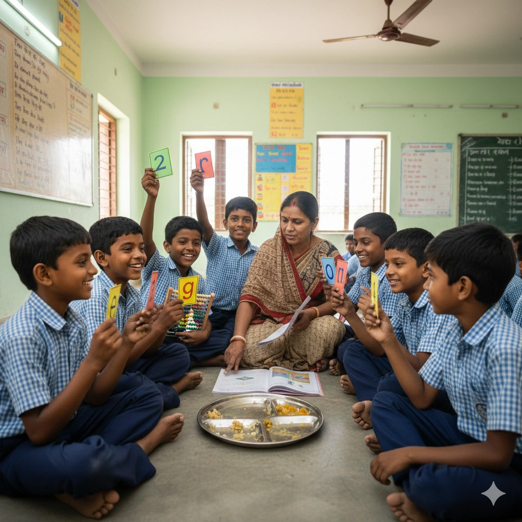 Children from different backgrounds eating together at school