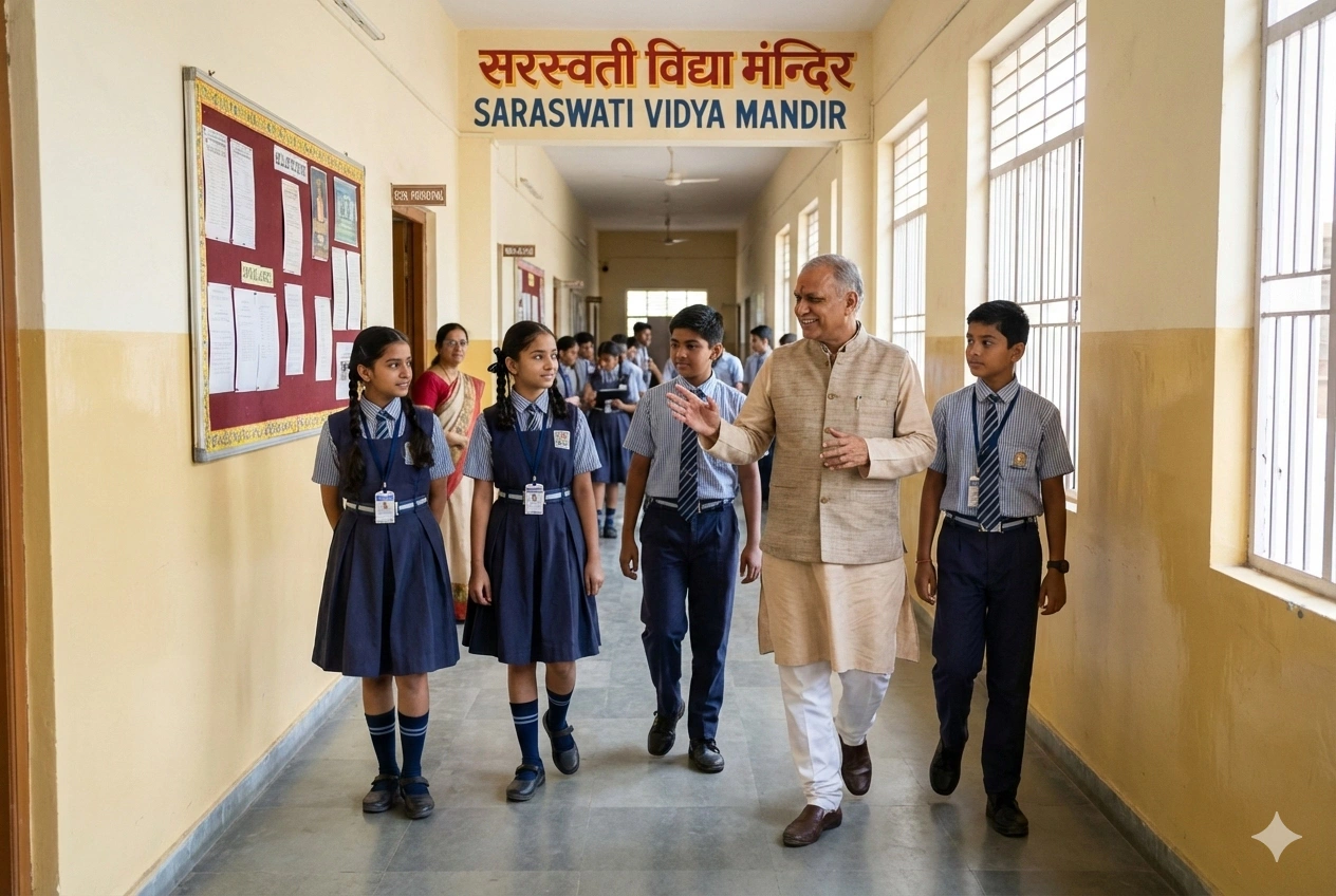 School Principal guiding students in an Indian school hallway