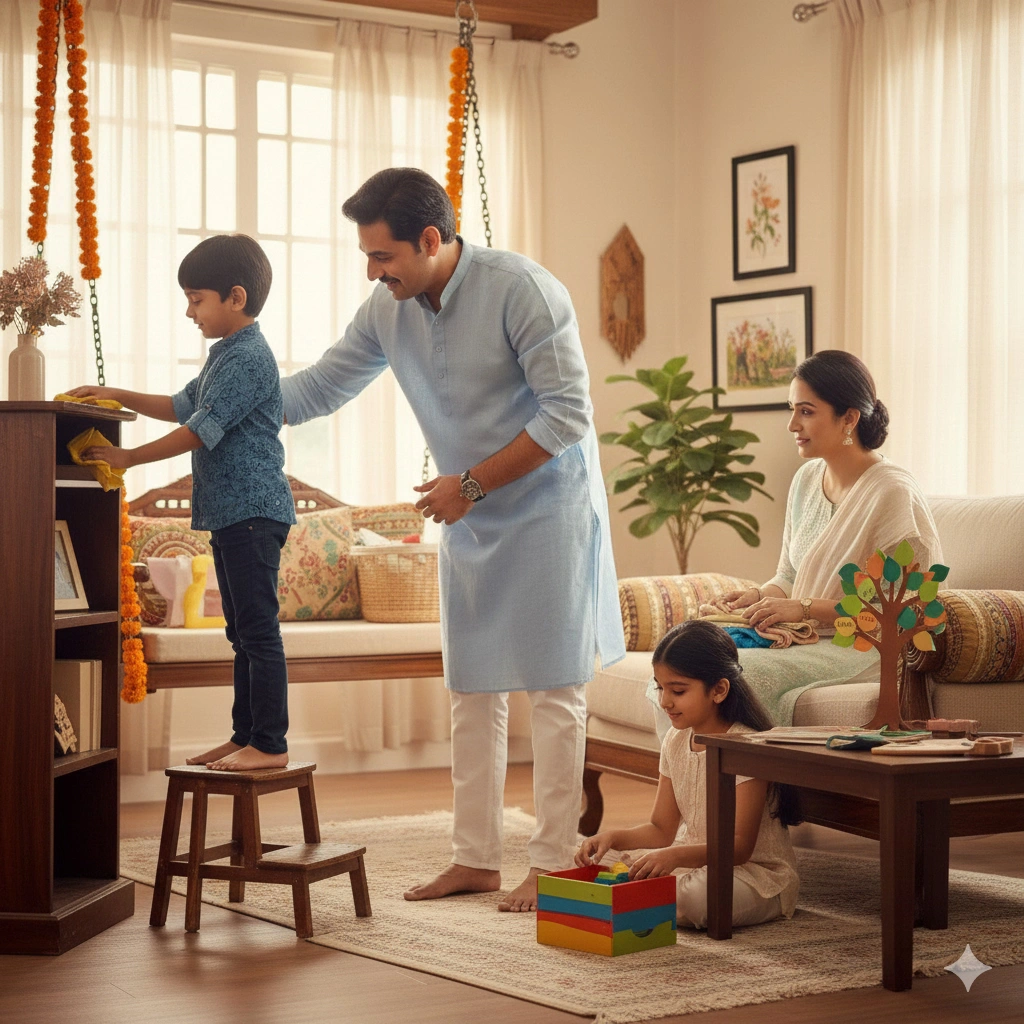 Indian child helping with household tasks