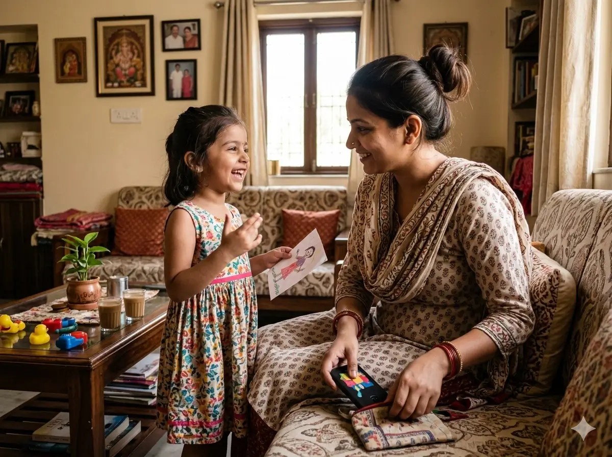 A parent putting their smartphone away while talking to their child