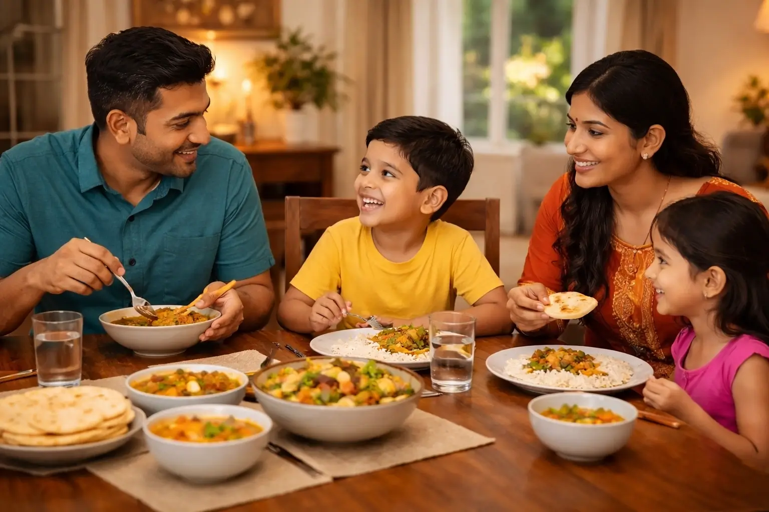 Family enjoying dinner without any smartphones on the table
