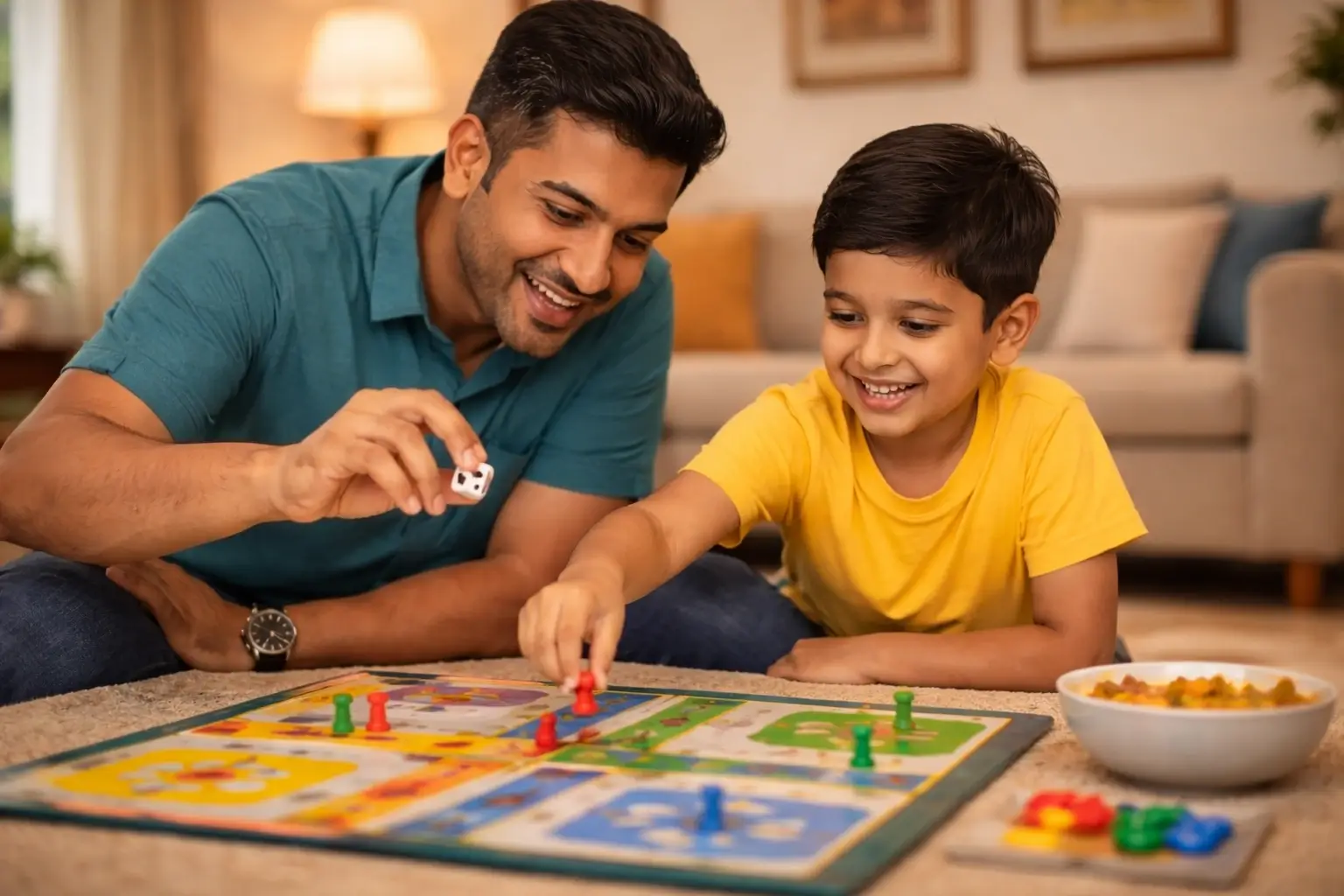 Parent and child playing a board game together