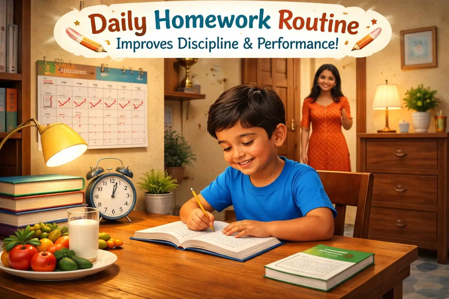Child doing homework at fixed time daily routine discipline academic performance