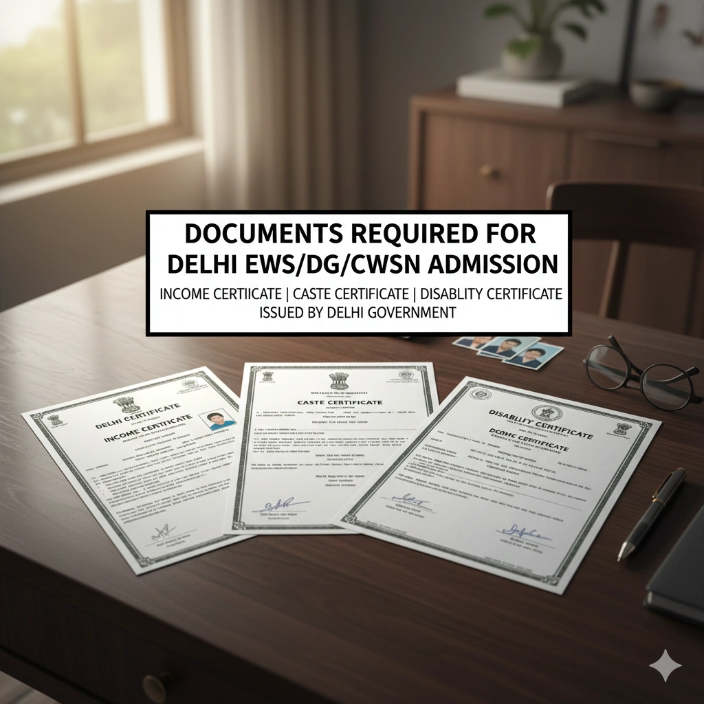 Documents required for Delhi EWS DG CWSN admission — income certificate caste certificate disability certificate issued by Delhi government