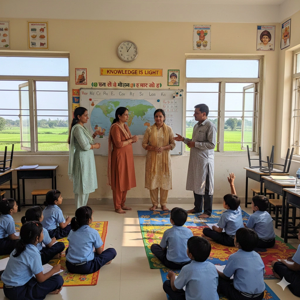 Teacher smiling and helping students in a bright classroom