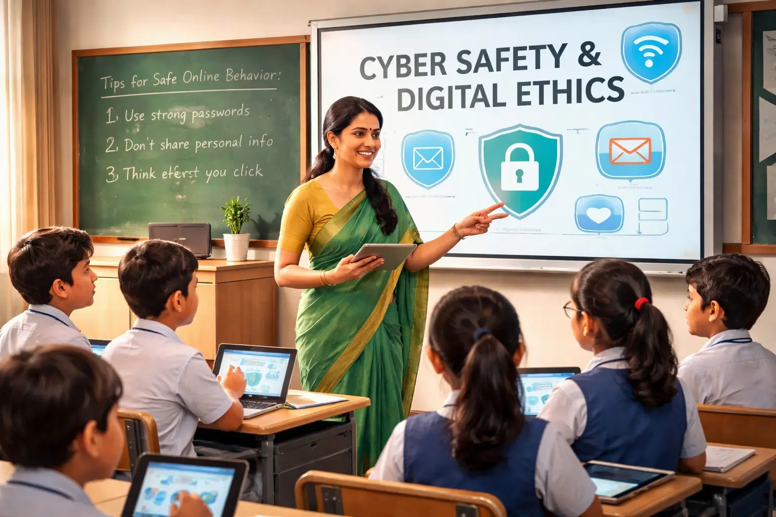 Teacher guiding students on cyber safety and using digital ethics in classroom