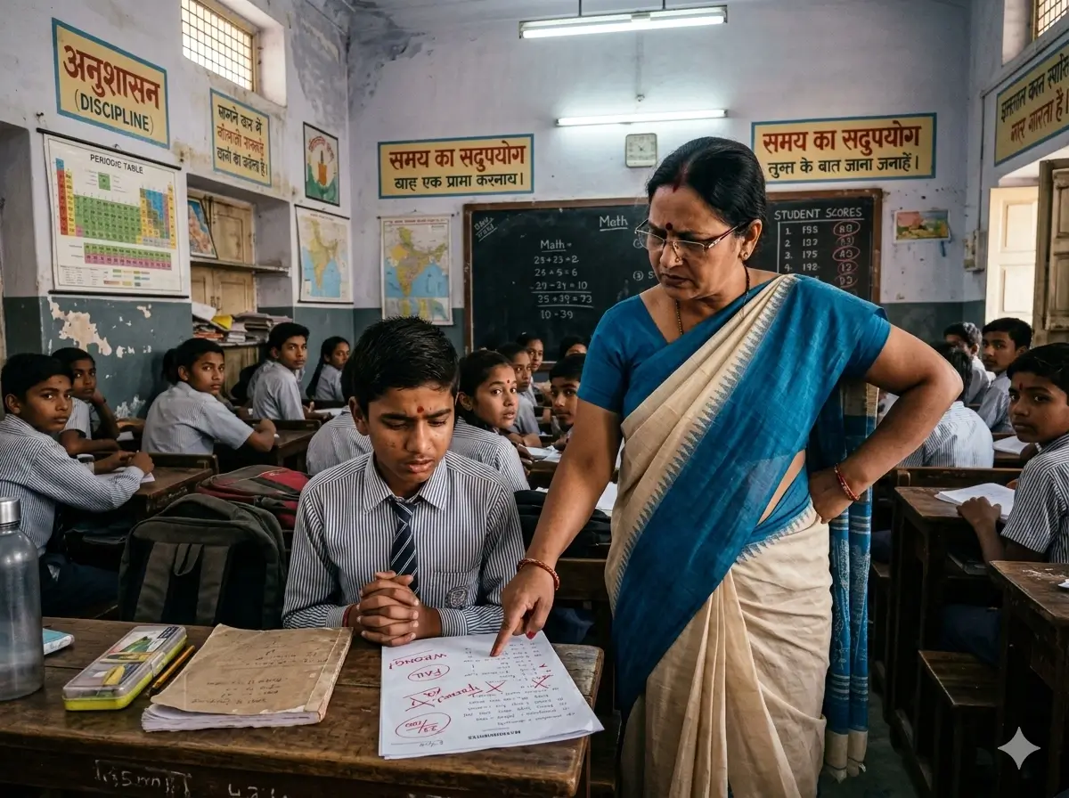 Teacher pointing at papers while student looks concerned — illustrating traditional punishment-focused classroom discipline