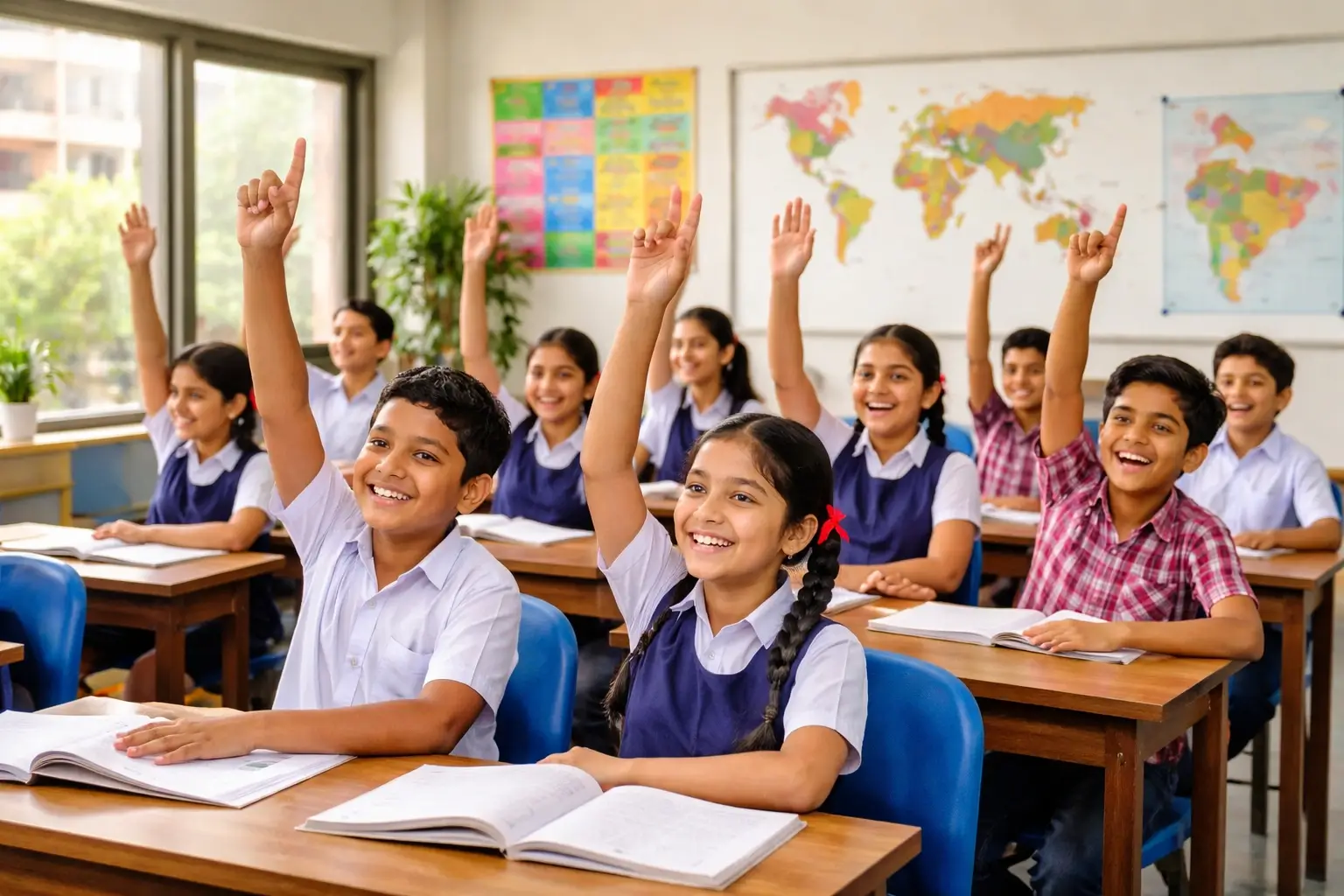 Students actively listening and raising hands in classroom