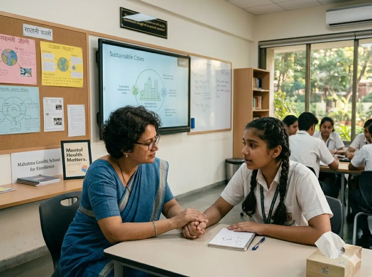 Trained teacher listening empathetically to a student to support their mental well-being